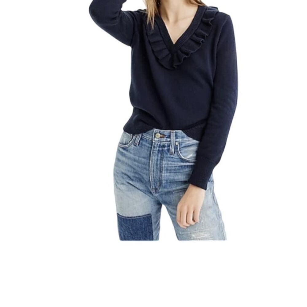 J.Crew Merino Wool Blend Ruffle V-Neck Sweater Black Large Preppy
